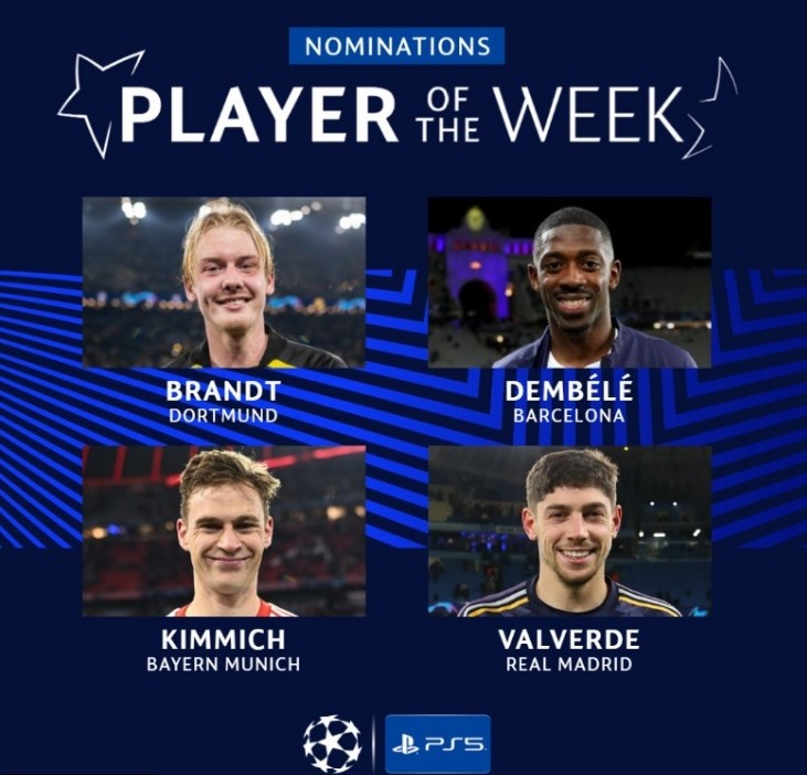 本周欧冠官方最佳球员候选：巴尔韦德、基米希登贝莱、布兰特